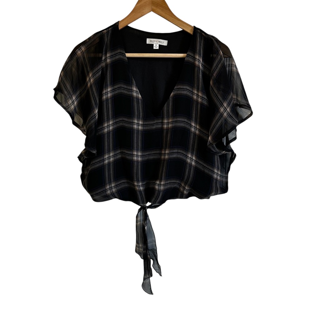 Miley + Molly Plaid Tie-Front Top Flutter Sleeve Blouse Semi-Sheer‎ M